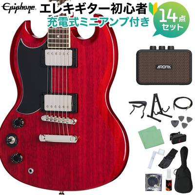Epiphone SG Tribute Left-Handed Cherry エレキギター初心者14点セット 【充電式ミニアンプ付き】 左利き用 レフティ エピフォン