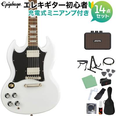 Epiphone SG Standard Lefty Alpine White エレキギター初心者14点セット【充電式ミニアンプ付き】 左利き用 レフティ エピフォン