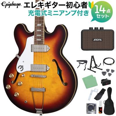 Epiphone Casino Lefthand Vintage Sunburst エレキギター初心者14点セット 【充電式ミニアンプ付き】 フルアコ カジノ レフトハンド エピフォン
