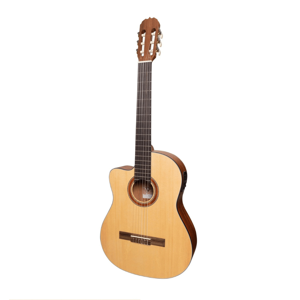 Martinez ‘Natural Series’ Left Handed Solid Spruce Top Acoustic-Electric Classical Cutaway Guitar